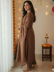 Women Brown Embroidered Kurta Set with Dupatta