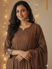 Women Brown Embroidered Kurta Set with Dupatta