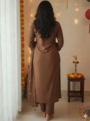Women Brown Embroidered Kurta Set with Dupatta