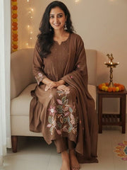 Women Brown Embroidered Kurta Set with Dupatta