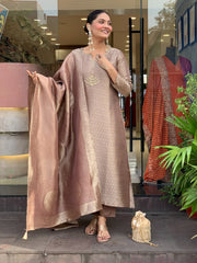 Premium Mauve Woven Chanderi Silk Kurta Set with Zari Dupatta
