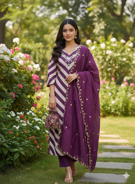 Purple and Off-White Striped V-Neck Kurta with Embroidered Dupatta and Trousers