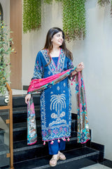 Women Navy Blue Printed Kurta Set with Dupatta