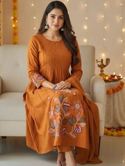 Women Rust Orange Embroidered Kurta Set with Dupatta