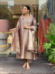 Premium Mauve Woven Chanderi Silk Kurta Set with Zari Dupatta