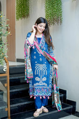 Women Navy Blue Printed Kurta Set with Dupatta
