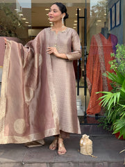 Premium Mauve Woven Chanderi Silk Kurta Set with Zari Dupatta