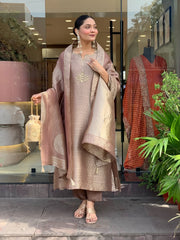 Premium Mauve Woven Chanderi Silk Kurta Set with Zari Dupatta