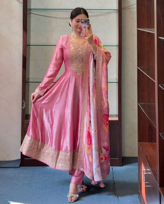Rose Pink Zari Embroidered Silk Anarkali Kurta with Floral Dupatta