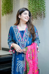 Women Navy Blue Printed Kurta Set with Dupatta