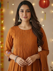 Women Rust Orange Embroidered Kurta Set with Dupatta