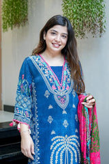 Women Navy Blue Printed Kurta Set with Dupatta