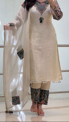 Women Off-White Embroidered Kurta Pant Set with Dupatta