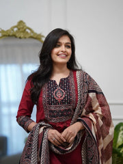 Women’s Elegant Maroon Kurta Pant Set with Printed Ethnic Dupatta