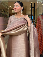 Premium Mauve Woven Chanderi Silk Kurta Set with Zari Dupatta