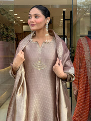 Premium Mauve Woven Chanderi Silk Kurta Set with Zari Dupatta