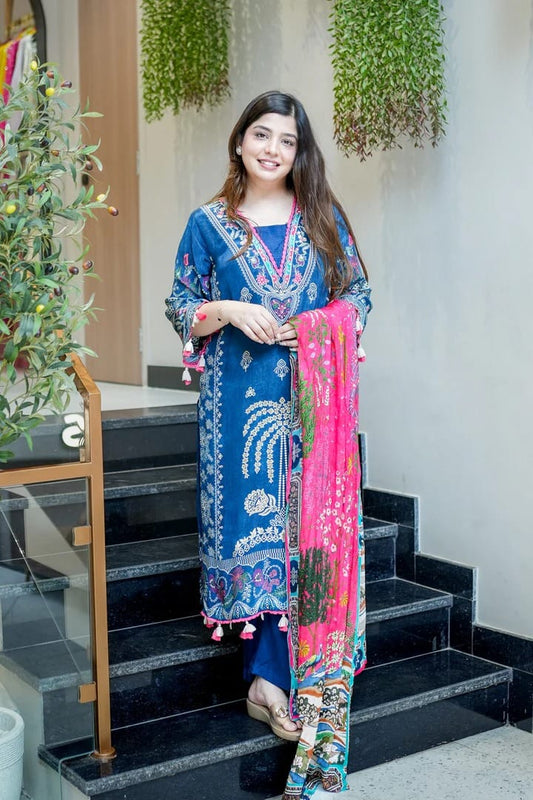 Women Navy Blue Printed Kurta Set with Dupatta
