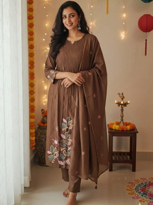 Women Brown Embroidered Kurta Set with Dupatta