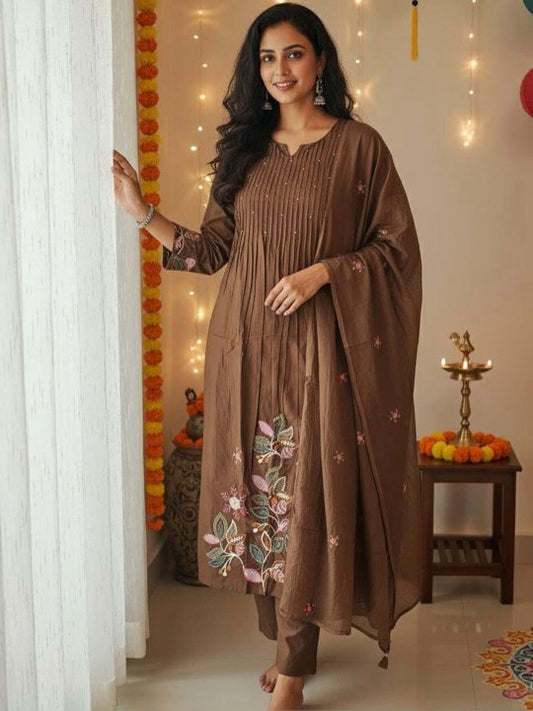 Women Brown Embroidered Kurta Set with Dupatta