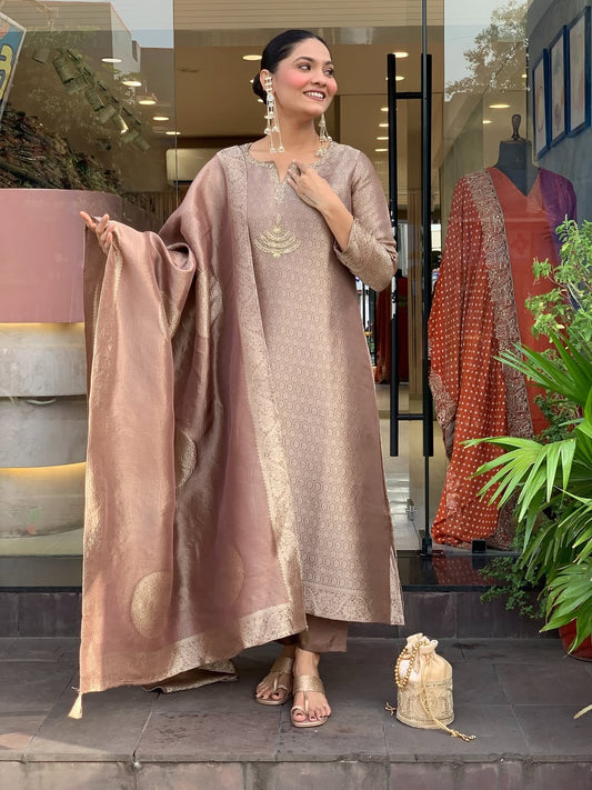 Premium Mauve Woven Chanderi Silk Kurta Set with Zari Dupatta