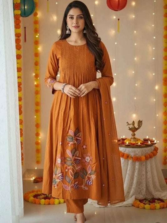 Women Rust Orange Embroidered Kurta Set with Dupatta