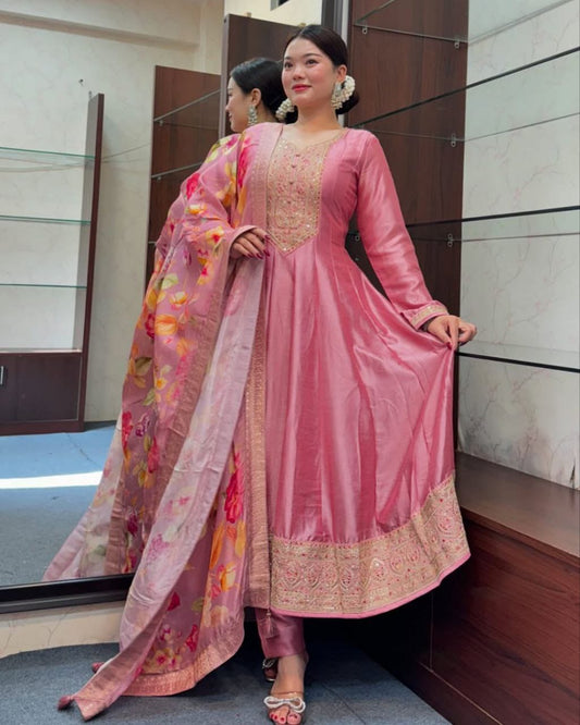 Rose Pink Zari Embroidered Silk Anarkali Kurta with Floral Dupatta