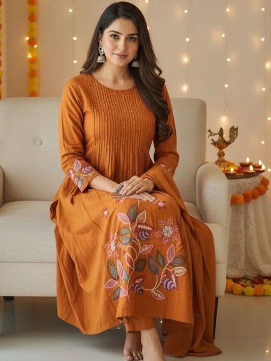 Women Rust Orange Embroidered Kurta Set with Dupatta