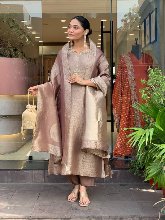 Premium Mauve Woven Chanderi Silk Kurta Set with Zari Dupatta