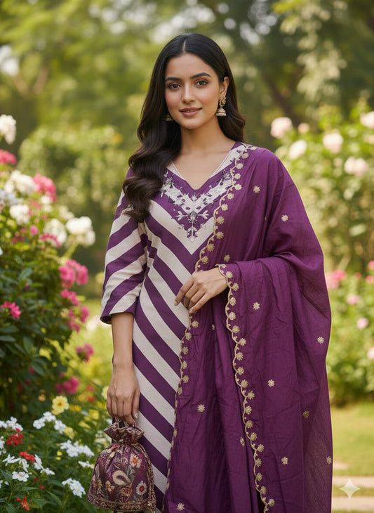 Purple and Off-White Striped V-Neck Kurta with Embroidered Dupatta and Trousers