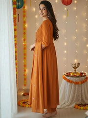 Women Rust Orange Embroidered Kurta Set with Dupatta