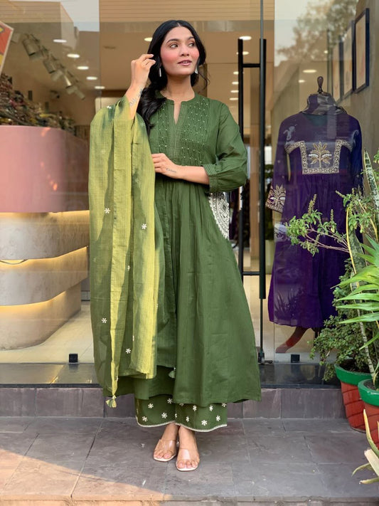 Women Olive Green Kurta Palazzo Set with Dupatta